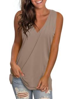 SAMPEEL Damen Tank Top V-Ausschnitt Tops Sommer T Shirt Ärmellose Oberteile Locker Casual Khaki S von SAMPEEL