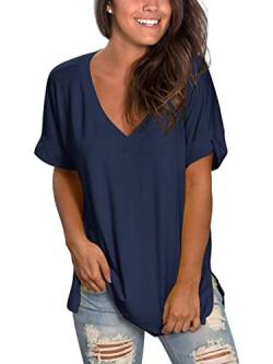 SAMPEEL T-Shirt Damen Kurzarm Tshirt V-Ausschnitt Basic Oberteil Klassisches Tops Casual & Sport Tee Bluse Für Frühling Sommer Herbst Blau M von SAMPEEL