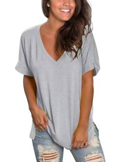 SAMPEEL T-Shirt Damen Kurzarm Tshirt V-Ausschnitt Basic Oberteil Klassisches Tops Casual & Sport Tee Bluse Für Frühling Sommer Herbst Grau L von SAMPEEL