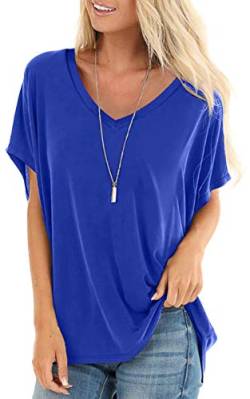 SAMPEEL T-Shirt Damen Sommer Oberteile Basic Kurzarm V-Ausschnitt Tee Tops Casual Loose Shirts Oversize Blau M von SAMPEEL