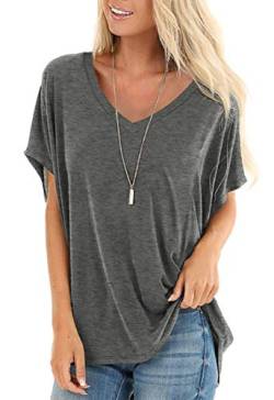 SAMPEEL T-Shirt Damen Sommer Oberteile Basic Kurzarm V-Ausschnitt Tee Tops Casual Loose Shirts Oversize Grau M von SAMPEEL