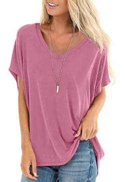 SAMPEEL T-Shirt Damen Sommer Oberteile Basic Kurzarm V-Ausschnitt Tee Tops Casual Loose Shirts Oversize Rosa L von SAMPEEL