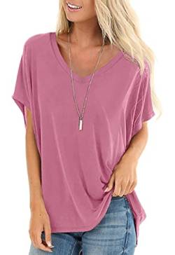 SAMPEEL T-Shirt Damen Sommer Oberteile Basic Kurzarm V-Ausschnitt Tee Tops Casual Loose Shirts Oversize Rosa M von SAMPEEL