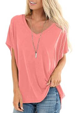 SAMPEEL T-Shirt Damen Sommer Oberteile Basic Kurzarm V-Ausschnitt Tee Tops Casual Loose Shirts Oversize Rot M von SAMPEEL