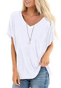 SAMPEEL T-Shirt Damen Sommer Oberteile Basic Kurzarm V-Ausschnitt Tee Tops Casual Loose Shirts Oversize Weiß L von SAMPEEL