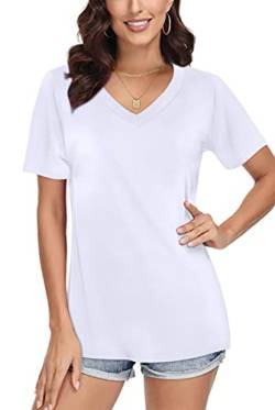 SAMPEEL T Shirt Damen V-Ausschnitt Tops Sommer Oberteile Shirt Elegant Kurzarm Casual Basic Weiß S von SAMPEEL