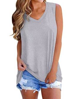 SAMPEEL Tank Tops Damen Lang Oberteil locker T Shirt Ärmellos V-Ausschnitt Basic Shirts Sommer Hellgrau S von SAMPEEL