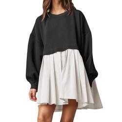 Übergroßes Sweatshirt-Kleid for Damen, lässig, Rundhalsausschnitt, langärmelig, Patchwork-Pullover, entspannte Passform, Sweatshirt-Minikleid (Color : Black and White, Size : Small) von SANCAK