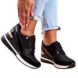 SANGEN Low Top Runde Zehen Sneaker Schwarz Damen Schuhe Damen Keilabsatz Sneaker Damen Mode Sneaker Casual Plateau Sneakers von SANGEN