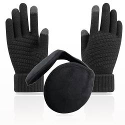 SANKRO Winterhandschuhe für Damen und Herren + kalte Ohrenschützer, Thermo-Handschuhe, Touchscreen, elastische Strickhandschuhe mit warmem Futter, thermische Winterhandschuhe - zum Laufen (Schwarz) von SANKRO