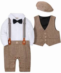 SANMIO Baby Jungen Bekleidung Set, Taufe Junge 3tlg with Fliege + Weste + Hut Gentleman Langarm Anzug Outfit für Festlich Geburtstag Hochzeit, 6-9 Monate(Körpergröße 70), Braun von SANMIO