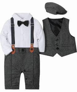 SANMIO Baby Jungen Bekleidung Set, Taufe Junge 3tlg with Fliege + Weste + Hut Gentleman Langarm Anzug Outfit für Festlich Geburtstag Hochzeit, 9-12 Monate(Körpergröße 80), Grau von SANMIO