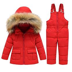 SANMIO Baby Mädchen Jungen Daunenjacke Bekleidungsset Kinder Verdickte Künstliches Fell Winterjacke + Winterhose Kleinkind Daunenhose Kinderskianzug Rot, Label 100/2-3 Jahre von SANMIO