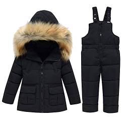 SANMIO Baby Mädchen Jungen Daunenjacke Bekleidungsset Kinder Verdickte Künstliches Fell Winterjacke + Winterhose Kleinkind Daunenhose Kinderskianzug Schwarz, Label 100/2-3 Jahre von SANMIO