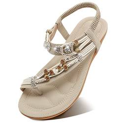 SANMIO Damen Sandalen Bohemian Strass Flach Sandaletten Sommer PU Leder Zehentrenner, Beige-2, Gr.-36 EU/Herstellergröße- 37 von SANMIO