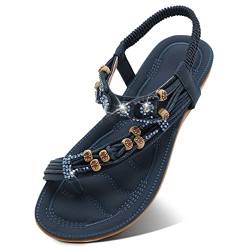 SANMIO Damen Sandalen Bohemian Strass Flach Sandaletten Sommer PU Leder Zehentrenner, Blau-2, Gr.-36 EU/Herstellergröße- 37 von SANMIO