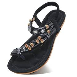 SANMIO Damen Sandalen Bohemian Strass Flach Sandaletten Sommer PU Leder Zehentrenner Stil 1 Schwarz 36 EU von SANMIO