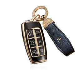 SANRILY Golden-Edge 6 Tasten Schlüsselanhänger Abdeckung für Genesis GV70 2021 2022 G90 G70 G80 GV80 Keyless Vollschutz Schlüsselanhänger Hülle mit Leder Schlüsselanhänger Schwarz (A) von SANRILY