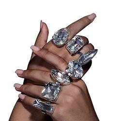 SANRLO Ring, 7-teiliges Set, geometrische Strass-Ringe-Set, Zubehör für Frauen, übertrieben mit glitzernden Kristallen, Eheringe, verstellbarer Schmuck, Size reference picture, Metall von SANRLO