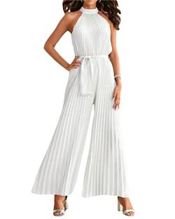 Damen Ärmellos Neckholder Weites Bein Jumpsuit Solid Open Back Plissee Einteiler Lose Spielanzug Hohe Taille Strampler DressyOveralls mit Gürtel, A-weiß, 38 von SANSIWU