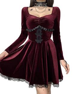 Damen Schwarz Gothic Lolita Spitzenkleid Langarm Schnürung Vintage Punk Puffärmel A Linie Swing Kurz Gothic Kleid, B-Rotwein, L von SANSIWU