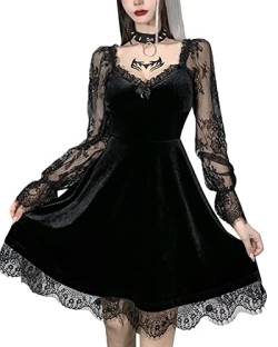 Damen Schwarz Gothic Lolita Spitzenkleid Langarm Schnürung Vintage Punk Puffärmel A Linie Swing Kurz Gothic Kleid, F-schwarz, L von SANSIWU
