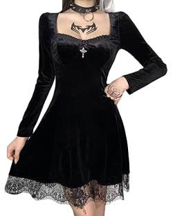 Damen Schwarz Gothic Lolita Spitzenkleid Langarm Schnürung Vintage Punk Puffärmel A Linie Swing Kurz Gothic Kleid, G-black, L von SANSIWU