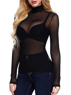 Damen Sexy Shirts Mesh Sheer Glitter Pailletten Langarm Cover Up Y2K Flare Sleeve Cropped Top Rollkragen Button-Down Shirt Streetwear (A-Black, S) von SANSIWU