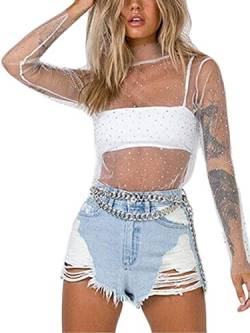 Damen Sexy Shirts Mesh Sheer Glitter Pailletten Langarm Cover Up Y2K Flare Sleeve Cropped Top Rollkragen Button-Down Shirt Streetwear (B-White, XL) von SANSIWU