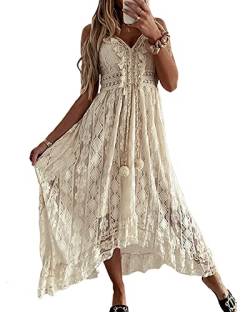 Damen V-Ausschnitt Ärmellos Strick Spitze Cutout Sling Maxikleid Rüschen Offener Rücken Unregelmäßiger Saum Vintage Partykleid Boho Solid Strandkleid, beige, Small von SANSIWU