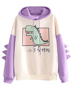 Frauen Dinosaurier Hoodie Langarm Splice Cartoon niedliches Sweatshirt Teenager Mädchen Casual Pullover Mädchen Anime Cosplay Pullover Sweater, A-purple, 46 von SANSIWU