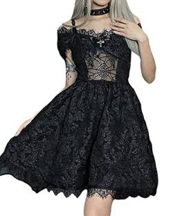 Frauen 's Schwarz Gothic Lolita Spitze Kleid Langarm Schnüren Vintage Punk Puffärmel A Linie Swing Kurz Goth Kleid, L-schwarz, Medium von SANSIWU