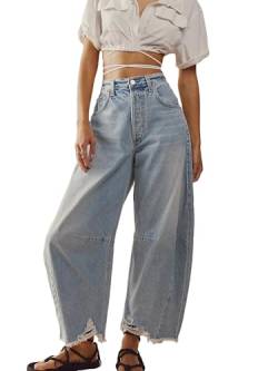 SANSIWU Damen Baggy Vintage Boyfriend Jeans Weites Bein Mid Rise Barrel Cropped Raw Hem Denim Ankle Pants, A-light blue, S von SANSIWU