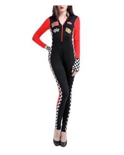 SANSIWU Damen-Kostüm für Rennfahrer, langärmelig, mit Reißverschluss, schlanke Passform, Patchwork, Motorrad, Overall, Halloween, Cosplay-Kostüm (schwarz, L) von SANSIWU