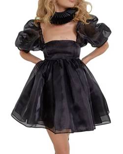 SANSIWU Damen Off Shoulder Mini Prinzessin Kleid Vintage Puffy Rüschen Puffärmel Tüll Kleid Mesh Party Minikleid, A-schwarz, L von SANSIWU