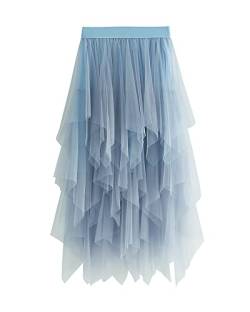 SANSIWU Damen Tüllrock Blumendruck Mesh Elastisch Hohe Taille Layered Tutu Rock A-Linie Midi Rock Damen Röcke, C-Blau, Einheitsgröße von SANSIWU