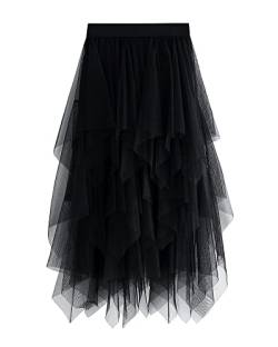 SANSIWU Damen Tüllrock Blumendruck Mesh Elastisch Hohe Taille Layered Tutu Rock A-Linie Midi Rock Damen Röcke, C-schwarz, Einheitsgröße von SANSIWU