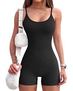 SANSIWU Damen Yoga Jumpsuits Sommer Sexy Einteiler Body Workout Gerippt Kurzarm Sport Playsuits, B-schwarz, 36 von SANSIWU