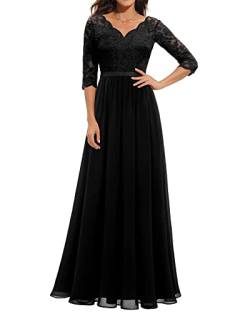 SANSIWU Damen formelles V Ausschnitt Spitze Kurzarm Abendkleid Vintage Rückenfrei Hohe Taille Slim Langes Kleid Cocktail Brautjungfer Party Abschlussball Kleid, B-schwarz, X-Large von SANSIWU