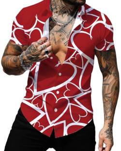 SANSIWU Herren Hawaiihemd Casual Kurzarm Revers Ausschnitt Herz Dot Print Button Down Curved Hem Strand Tops Valentinstag Shirt, B-Rot, M von SANSIWU