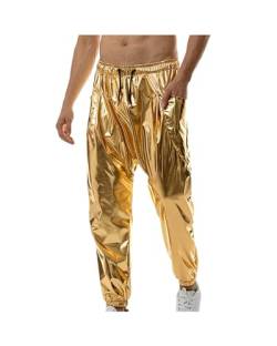 SANSIWU Herren Metallic Disco Glänzende Jogginghose Kordelzug Elastische Taille Pailletten Hosen Hip Hop Dance Fluoreszierende Harajuku Nachthose, gold, 41-44.5 von SANSIWU