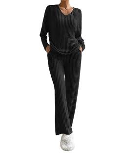 SANSIWU Lässige Strick-Outfits für Damen, mittellang, Rundhalsausschnitt, Pullover, Oberteil und Hose mit weitem Bein, 2-teiliges Loungewear-Set, Streetwear, D-schwarz, X-Large von SANSIWU