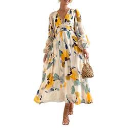 SANSIWU Maxikleid für Damen, Blumenmuster, Puffärmel, lässig, Bohemian, gestuftes, lockeres langes Kleid, Sommer, Strand, fließendes Sommerkleid, A-gelb, X-Large von SANSIWU