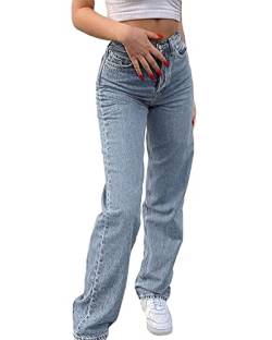 SANSIWU Y2K Baggy Damen Jeans mit hoher Taille, gerades weites Bein, zerrissene Jeans, Schmetterling, einfarbig, weites Bein, legere Streetwear-Denim-Hose, B-light blue, M von SANSIWU