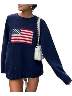 SANSIWU Y2k Damen-Pullover, Vintage-Pullover, lässig, langärmelig, Rundhalsausschnitt, lockerer Strickpullover, USA-Flagge, bedruckt, Sweatshirt mit adretter gestreifter Pullover, A-Marineblau, S von SANSIWU