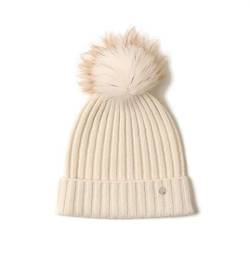 SANSUILOKE 100% Kaschmir Strickmütze für Frauen Pelz Pom Pom Mütze für Damen Cuffed Beanie Reines Kaschmir Strickmützen für kaltes Wetter, weiß, Einheitsgröße von SANSUILOKE