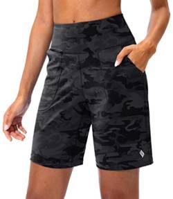 SANTINY Bermudashorts für Frauen mit Reißverschlusstasche, hohe Taille, lange Shorts für Laufen, Workout, Athletisch, Grau, Camo, Groß von SANTINY