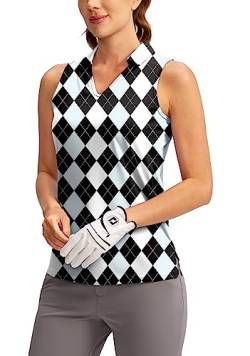 SANTINY Damen Ärmelloses Golf Shirt V-Ausschnitt Tennis Tank Tops Kragen Golf Polo Shirts für Frauen, Blak Blue Argyle, Klein von SANTINY