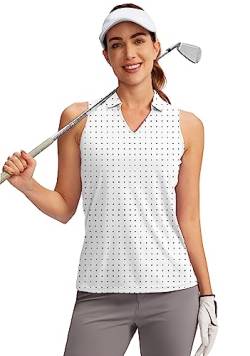 SANTINY Damen Ärmelloses Golf Shirt V-Ausschnitt Tennis Tank Tops Kragen Golf Polo Shirts für Frauen, Schwarze Punkte, Groß von SANTINY