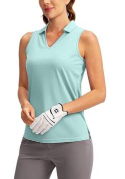 SANTINY Damen Ärmelloses Golfshirt V-Ausschnitt Dry Fit Tennis Tank Tops Kragen Golf Poloshirts für Frauen, Hellgrün, Klein von SANTINY